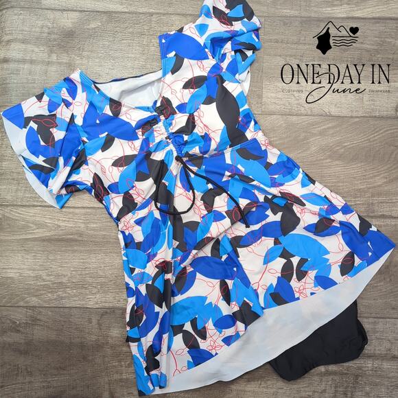 Adisputent Boyshort Drawstring Ruffle Sleeve Tankini Swimsuit Size L - Picture 2 of 4